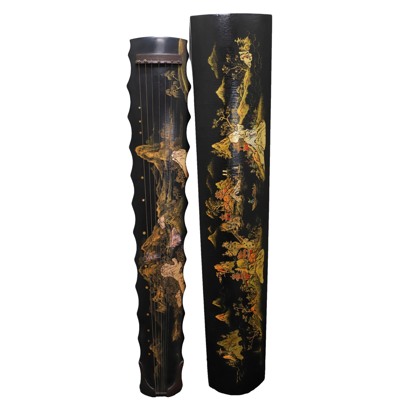 A set of black lacquer guqin with gold-painted landscape design (including matching guqin case).: A set of antique guqin with black lacquer and gold-painted landscape design (including matching guqin case), the case is 129 cm long, 26.5 cm wide, and 14 cm thick, while the guqin is 121 cm long, 19