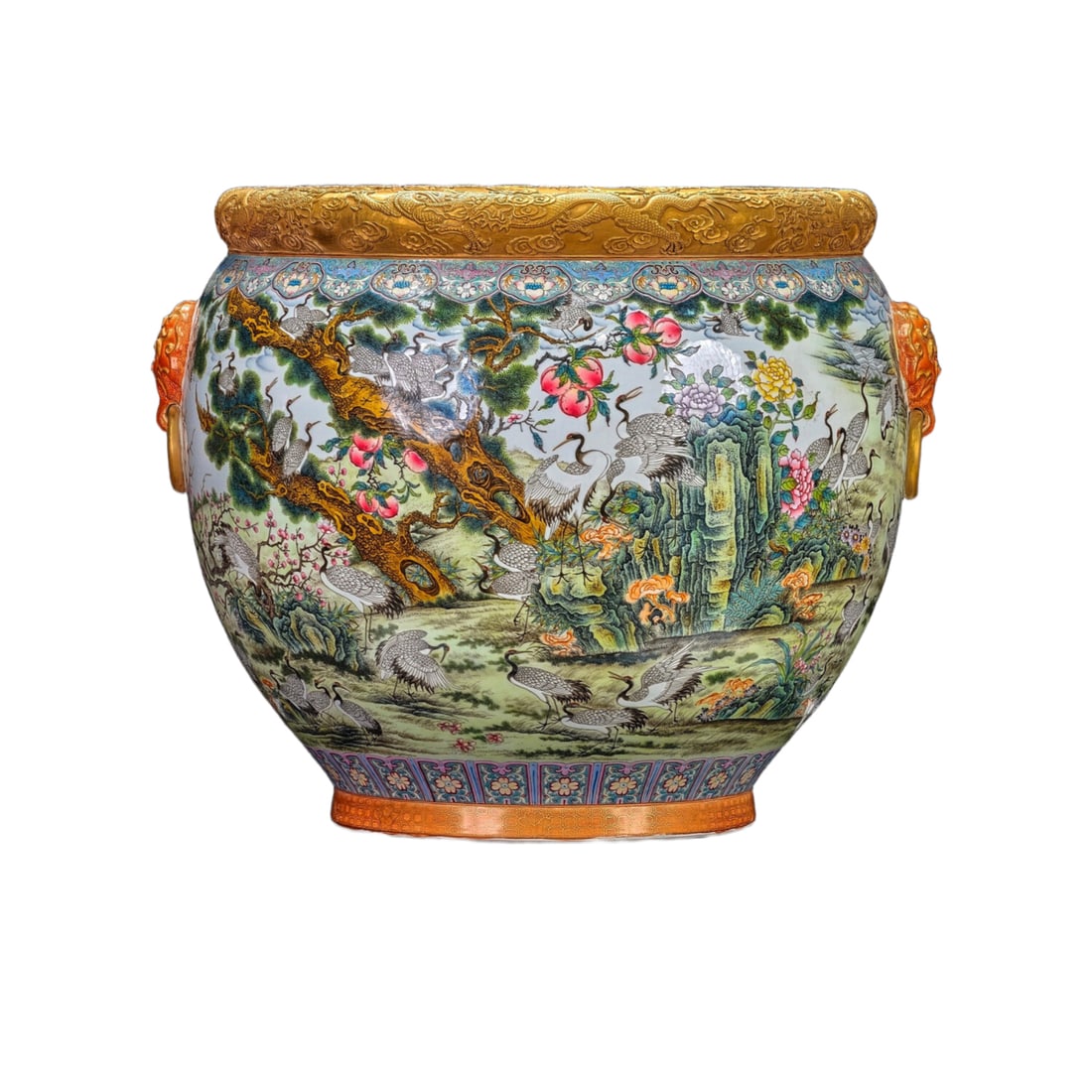 Qianlong Reign of the Great Qing Dynasty, a Hundred Cranes Ear-hanging Vase/ Painting Vase: Official kiln, made in the Qianlong period of the Great Qing Dynasty, enameled with powder colors, depicting the "Hundred Cranes" in full view, with gold-painted beast ear handles and rings. The cylin