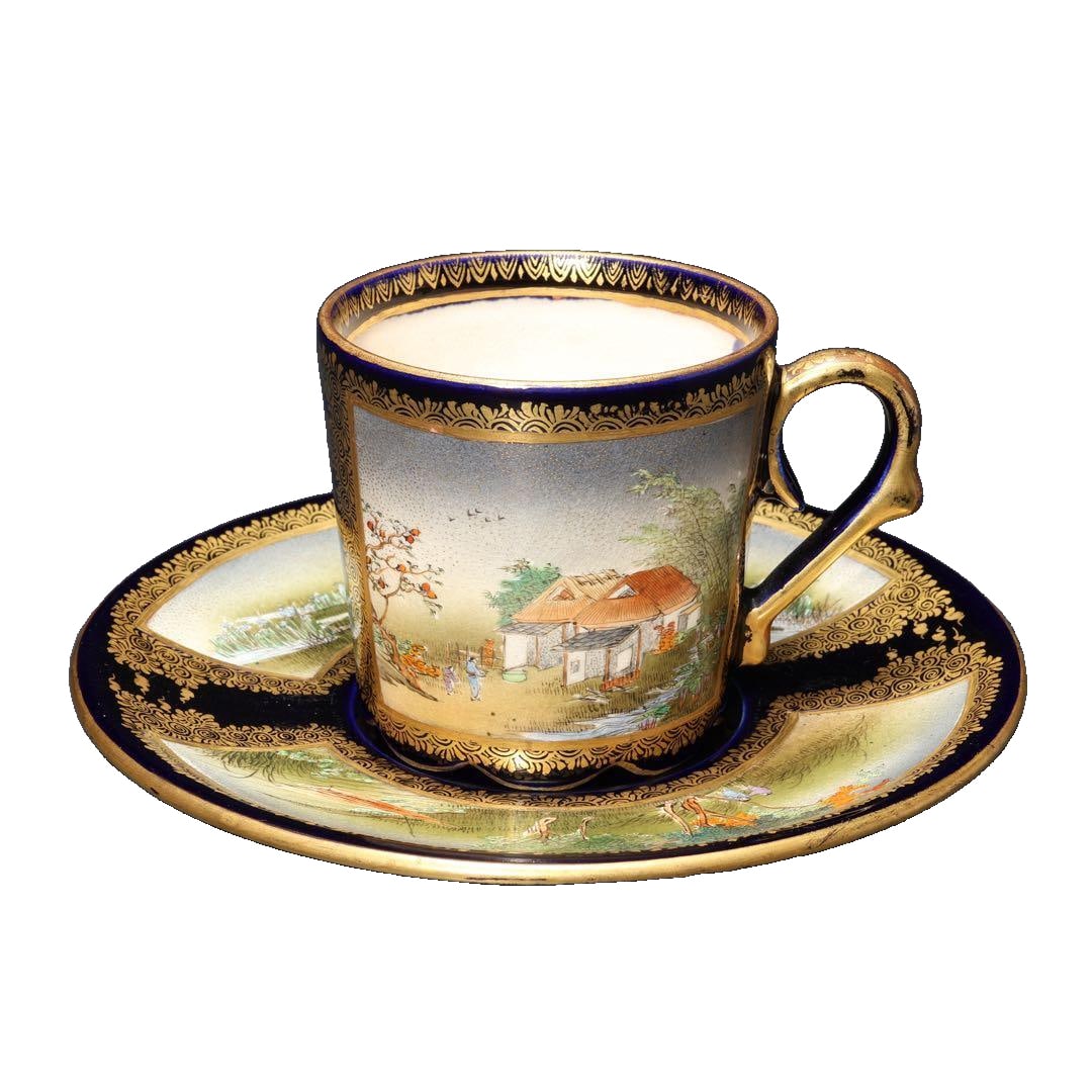Kyoto Satsuma Kinkozan cup and saucer, Meiji period craftsmanship.: This is a teacup and saucer produced in Kyoto, Satsuma/Kinkozan, made for export during the Meiji period. The deep royal blue color is beautifully complemented by delicate gold accents, creating a pie
