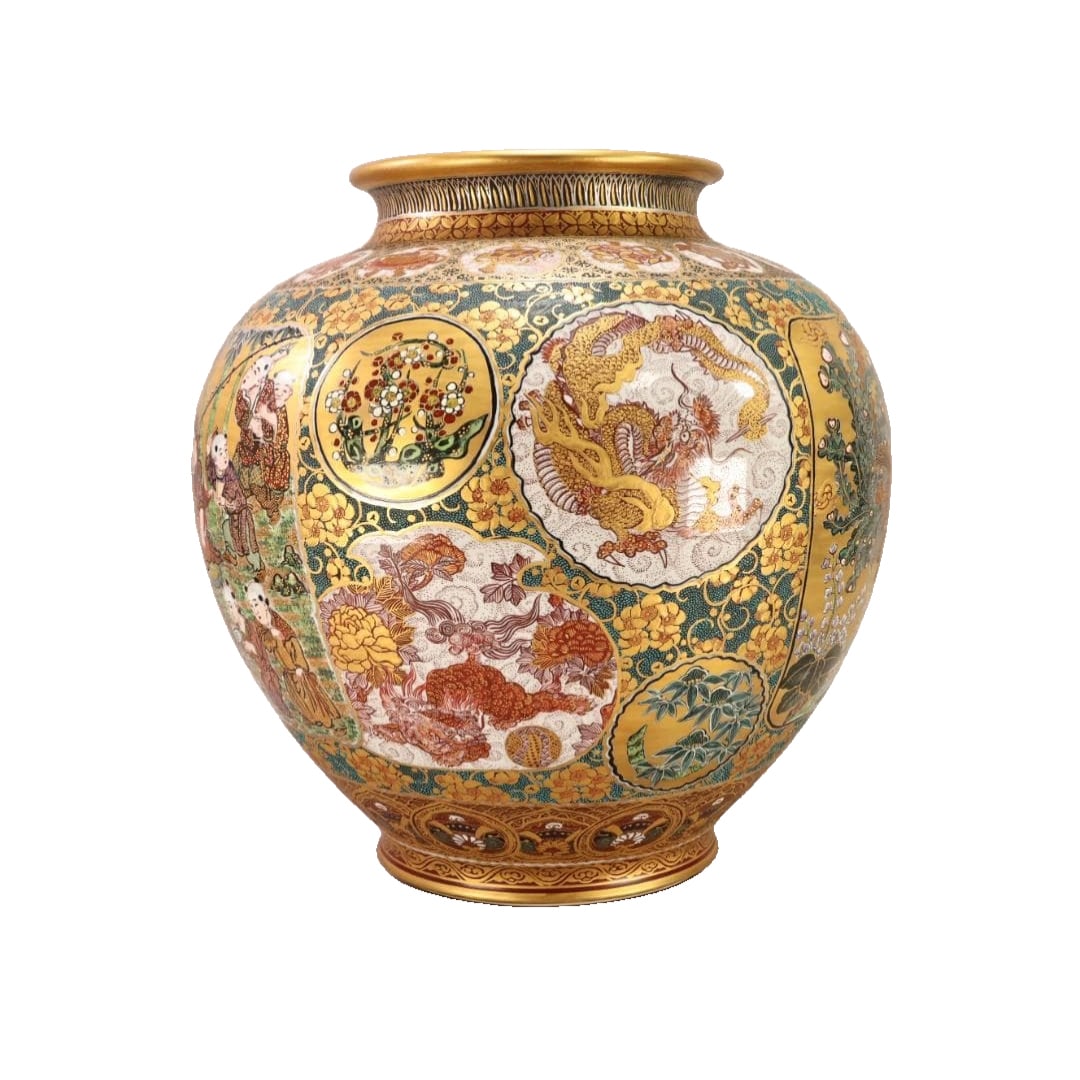 Kutani ware, Toshio-gama, by Tada Toshio (Kasen), Large vase with the design of the Seven Lucky Gods: This is a listing for a Kutani ware masterpiece by the renowned artist Tada Toshio , produced at the Toshio kiln, 5th generation. It features a blue and gold decoration depicting the Seven Lucky Gods 