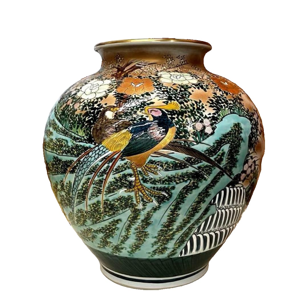 This is a large Kutani vase designed by Tamaryu, adorned with floral and bird motifs. (1 of 16)