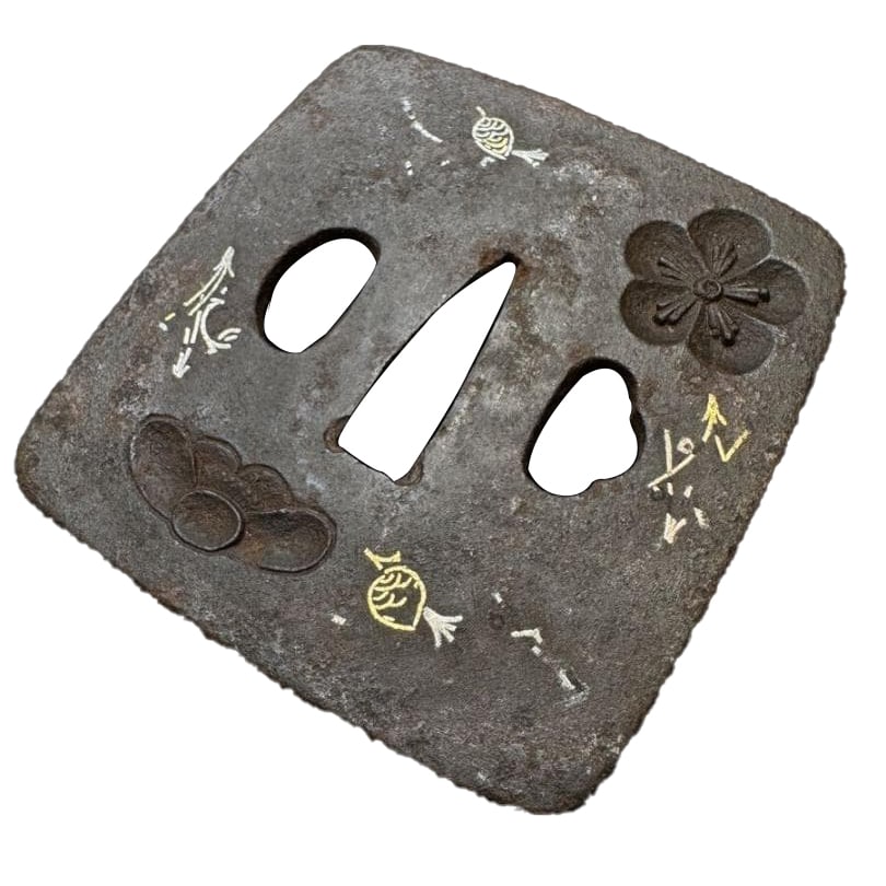 This is a large unmarked iron tsuba (sword guard, Edo period). (1 of 7)