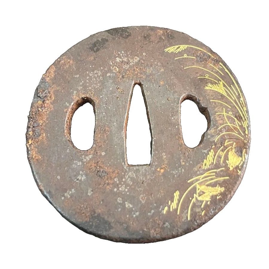 Sword guard (tsuba), iron base, inlaid with bulrush and cricket. (1 of 9)
