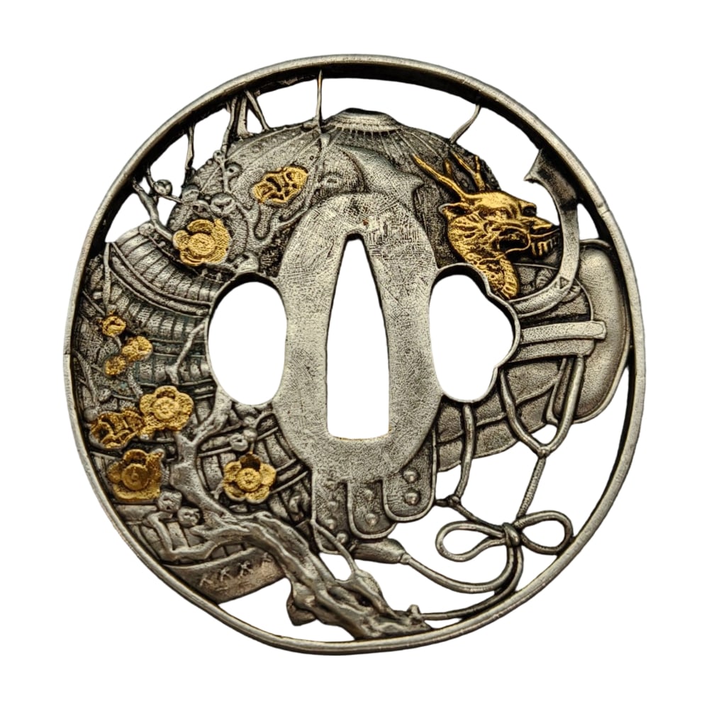 Sword guard (tsuba),: Tsuba , helmet with dragon/sakura design, silver color, copper base, metalwork, tsuba, used for iaido and kenjutsu. Material: Copper Dimensions: Approximately 75/81/5 mm Weight: Approximately 110 gram