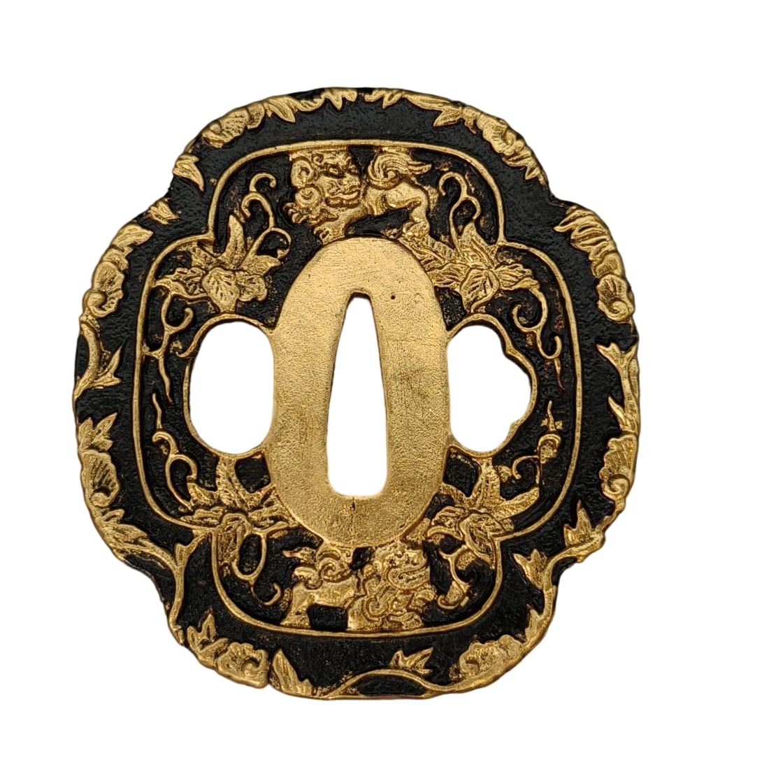 Japanese sword fittings, tsuba, featuring an Arab-style lion motif.: Japanese sword fittings, tsuba, featuring an Arabic-style lion motif, in gold, with a copper base, metalwork, tsuba, intended for iaido and kenjutsu. Material: Copper Thickness: Approximately 5 mm