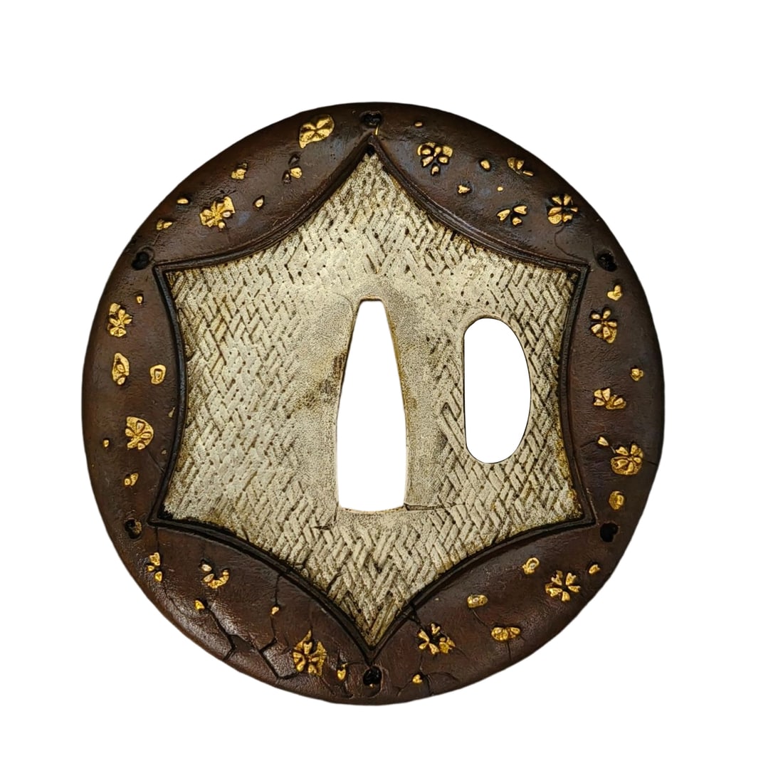 Japanese sword fittings, tsuba, designed with a silver bamboo and floral motif.: Japanese sword fittings, tsuba, designed with a silver bamboo floral pattern, copper base, metal products, tsuba, used for iaido and kenjutsu. Material: Copper Thickness: Approximately 5.5 mm Weight: 