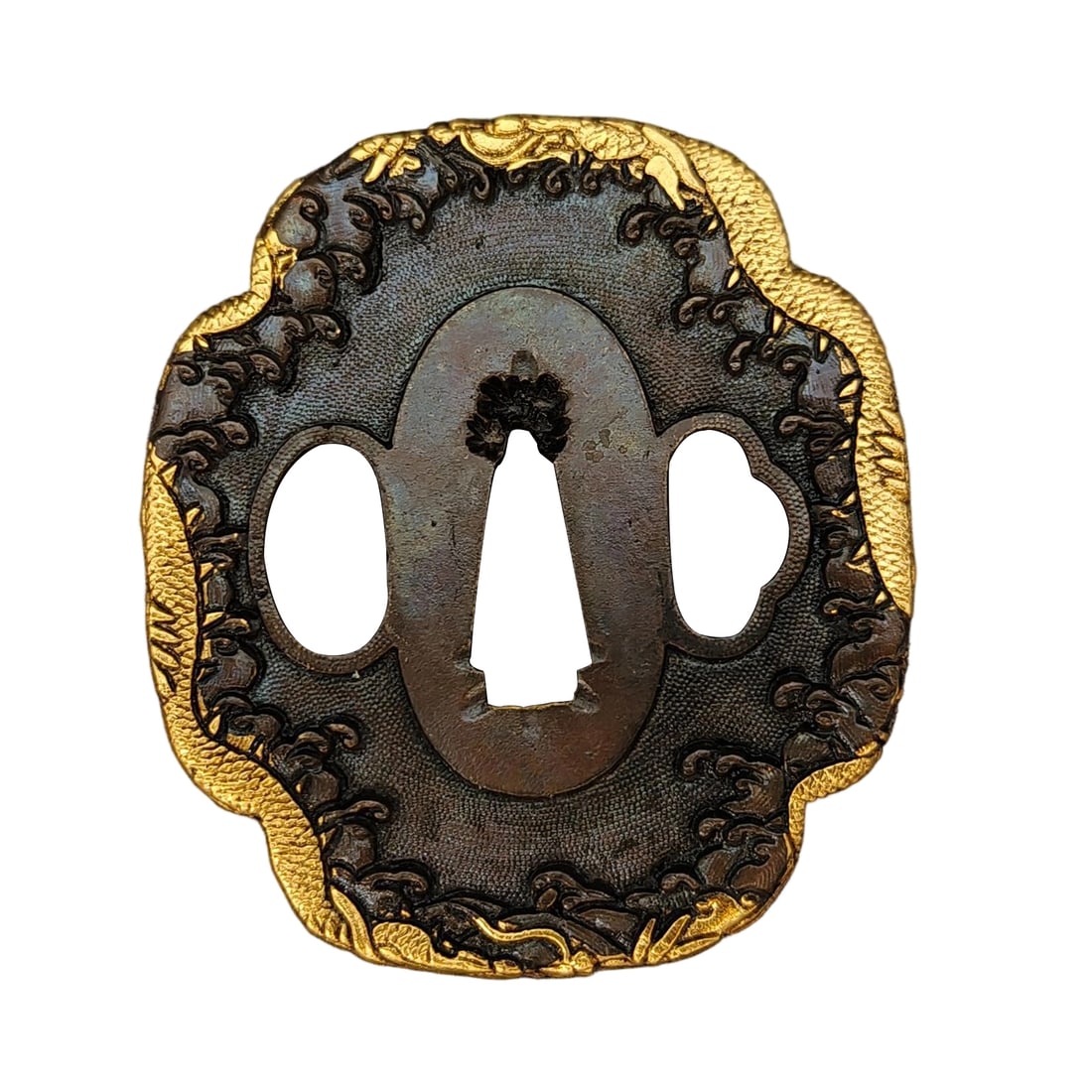 Japanese sword fittings, tsuba, with a design of a water dragon.: Japanese sword fittings, tsuba, featuring a water dragon motif, with a copper base, showcasing exquisite metal craftsmanship and fine details, intended for iaido (the art of drawing the sword), sword 
