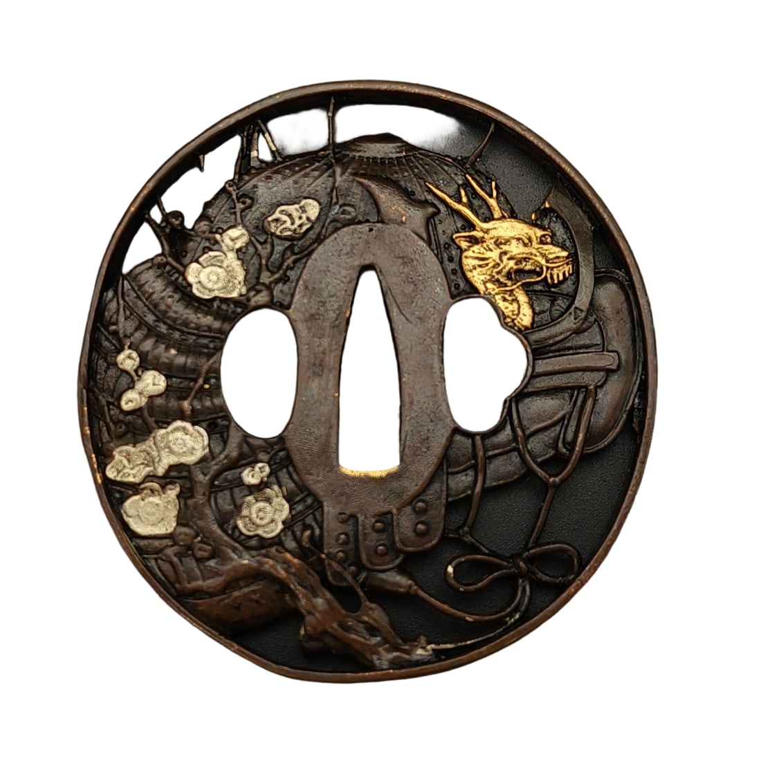 Japanese sword fittings, tsuba, helmet, and dragon/cherry blossom motifs.: Japanese sword fittings, tsuba, helmet, and dragon/cherry blossom motifs, XG88, copper base, metal products, tsuba, for iaido, kenjutsu. Material: Copper Thickness: Approximately 5.5 mm Weight: