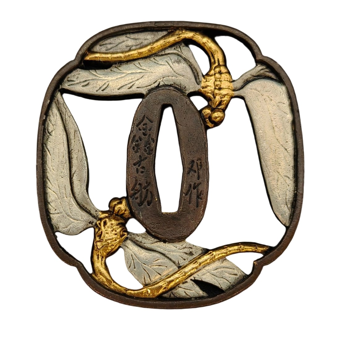 Japanese sword fittings, tsuba, depicting a valiant insect.: Japanese sword fittings, tsuba, depicting a valiant insect, copper base, metal craftsmanship, finely designed, used for iaido (sword drawing technique) and kenjutsu (swordsmanship). Material: Copper