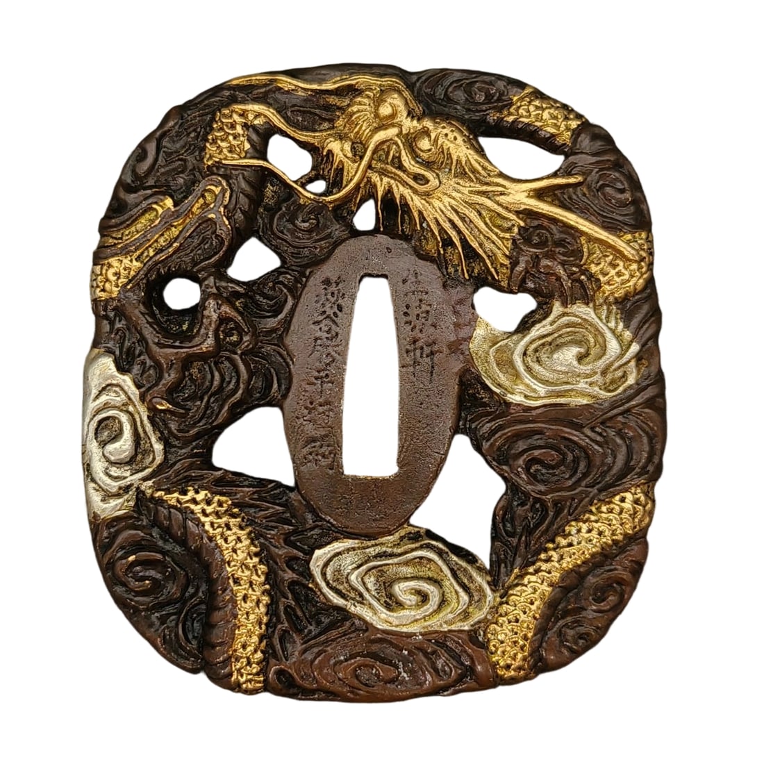 Japanese sword fittings, cloud and dragon motif, tsuba.: Japanese sword fittings, featuring a cloud and dragon motif, tsuba, copper base, exquisite gold and silver painting, tsuba, martial arts, weaponry. Material: Copper Weight: Approximately 190 grams Thi