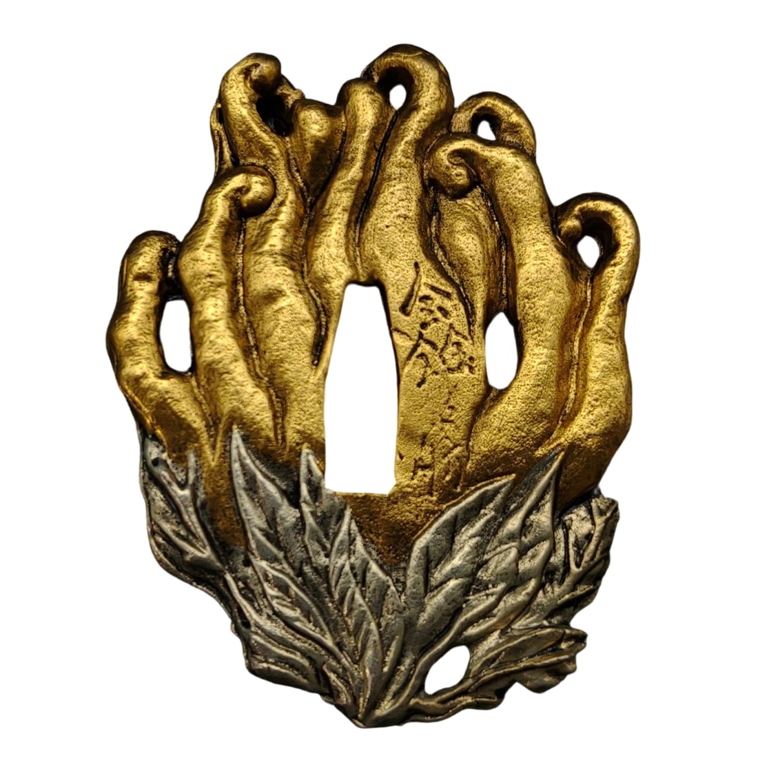Japanese sword fittings, tsuba, with a design of Buddha's hand and chrysanthemum.: Japanese sword fittings, tsuba, featuring a design of Buddha's hand and chrysanthemum, with a copper base, metal products, tsuba, used for iaido and kenjutsu. Material: Copper Dimensions: Approximatel