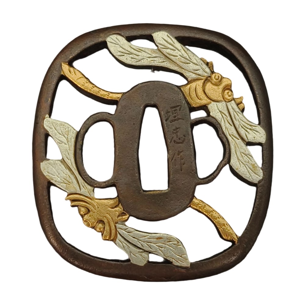 Japanese sword fittings, depicting a victory bug, tsuba.: Japanese sword fittings, depicting a victory insect, tsuba, copper base, finely detailed gold and silver painting, tsuba, sword guard, martial arts, martial arts equipment. Material: Copper Weight: Ap