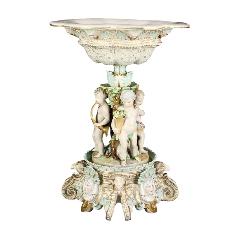 19th Century Meissen Gold-Gilded Painted Fruit Bowl, Large Decorative Piece: 19th Century German Royal Court Supplier Meissen Gilded Painted Fruit Bowl, Large Decorative Piece, Height 38 cm, Condition Excellent! [Dimensions] are Height: Approximately 38 cm Width: Approximately