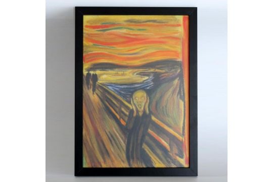 Edvard Munch's "The Scream", mixed media, oil, watercolor, hand-painted: Edvard Munch's The Scream, mixed media, oil, watercolor, hand-painted. Dimensions (excluding frame): 30 cm x 21 cm; Dimensions (including frame): 33 cm x 24 cm. Please note that use and storage may re