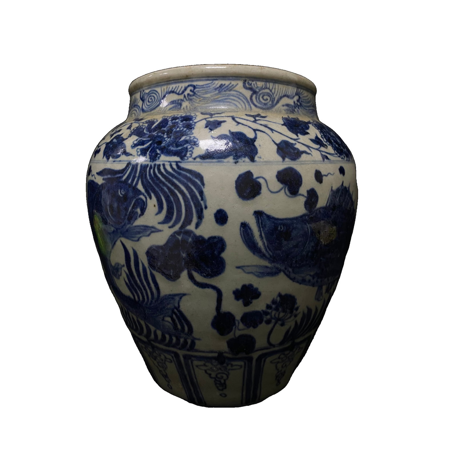 Blue and white porcelain jar with fish and algae pattern: Blue and white fish and algae pattern porcelain jar height 23.4 cm wide 20 cm