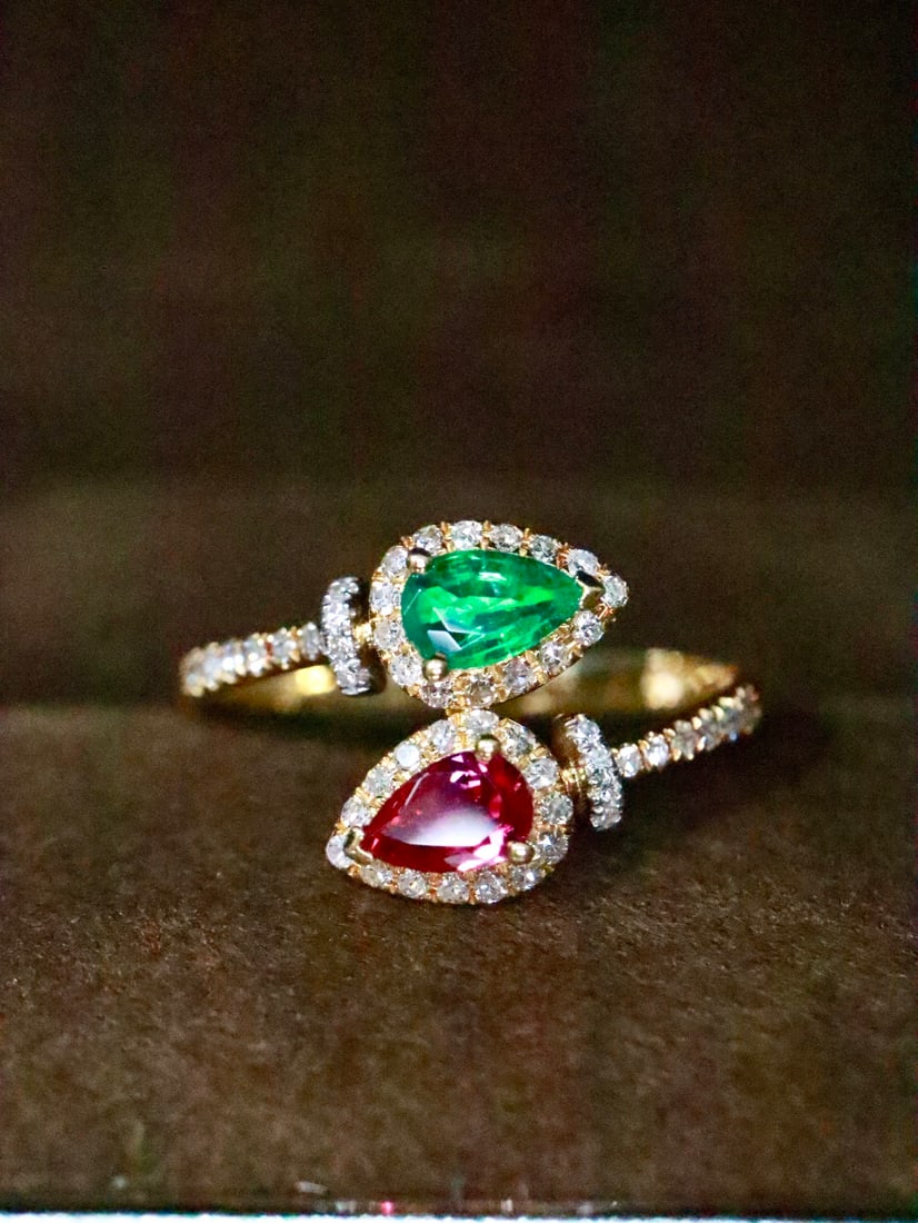 18K Gold Natural No-Heat Ruby and Emerald Two-Stone Ring (1 of 6)