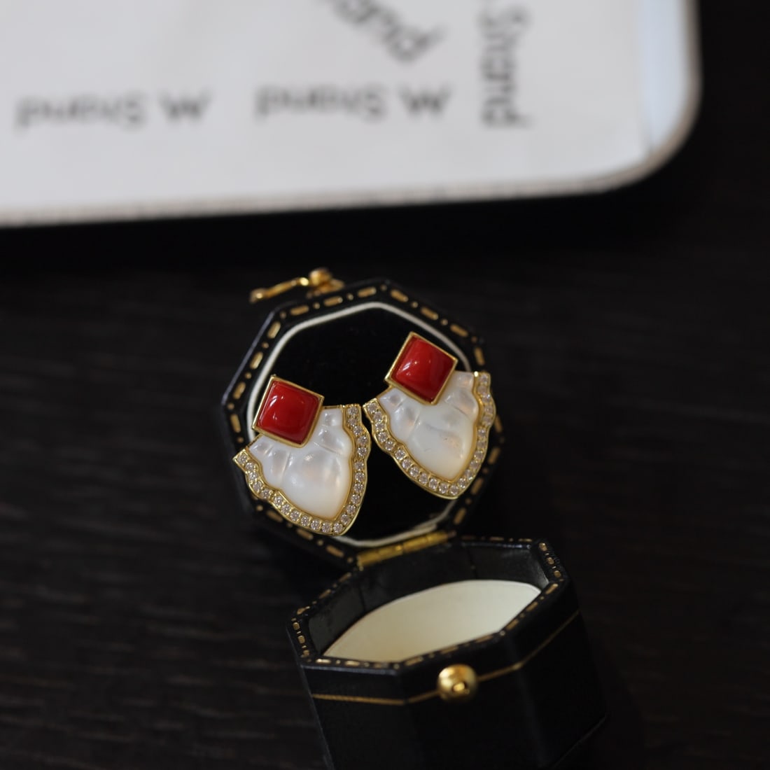 Natural Red Coral and Shell Earrings: Vivid red coral combined with smooth shell, showcasing natural elegance. Set in S925 silver, fresh yet refined.