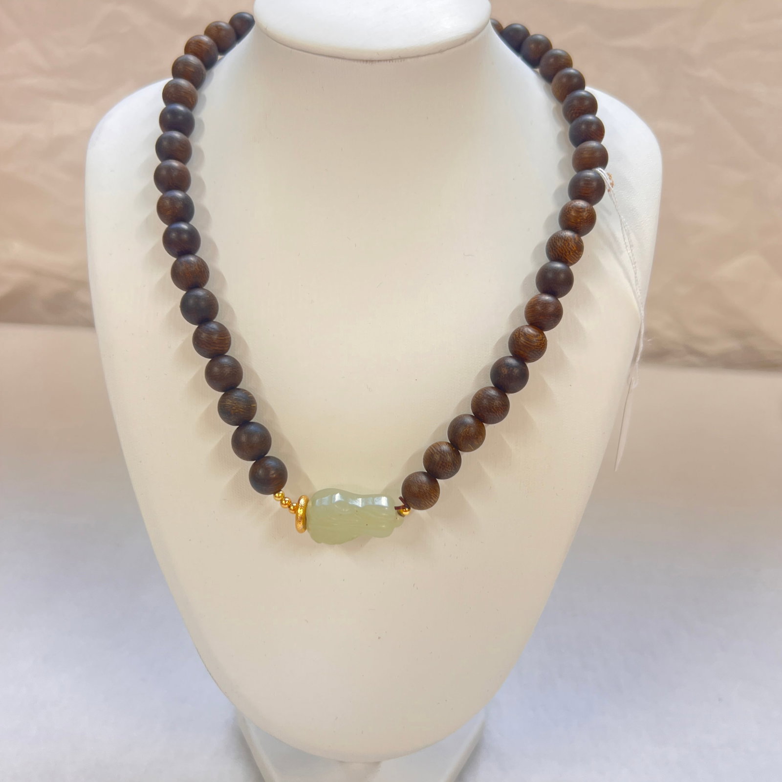 Vintage Agarwood Bead Necklace Bracelet Convertible with Jade & Agate: Elegant vintage-style agarwood bead strand designed for dual wear as either a necklace or wrapped bracelet. The piece is composed of richly toned agarwood beads displaying a naturally polished oily lu