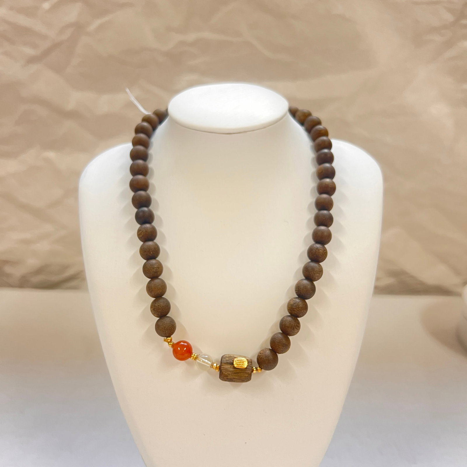 Vintage Agarwood Bead Necklace Bracelet Convertible with Agate & Jade: Refined vintage-style agarwood bead strand designed for dual wear as either a necklace or wrapped bracelet. The piece features smooth warm-toned wooden beads with natural grain texture, accented by po