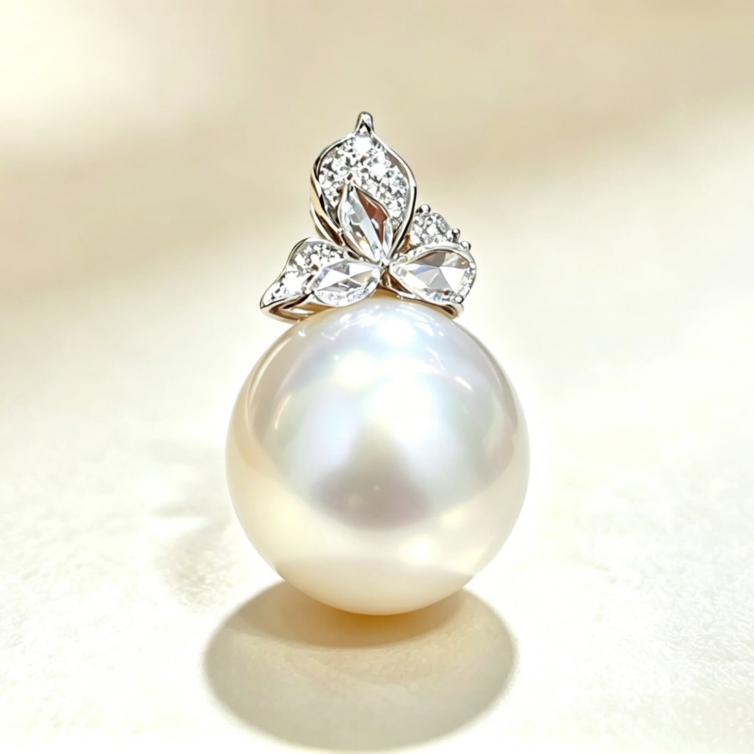 18K Gold South Sea White Pearl Pendant: This pendant is meticulously crafted in 18K gold, featuring a South Sea white pearl that exudes an aura of elegance and nobility. The luster of the pearl complements the brilliance of the white diamon
