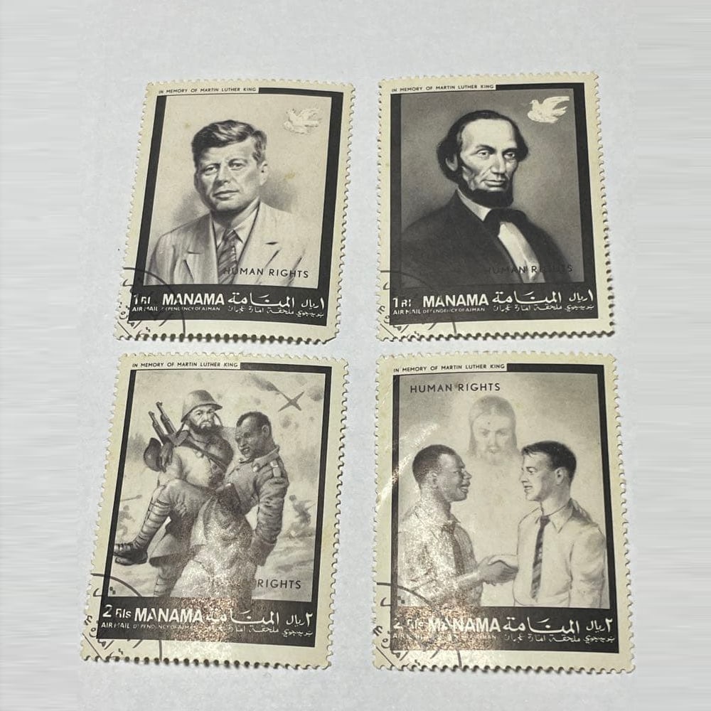Used Stamps: Lincoln, Kennedy, and Other Stamps (Set of 4): Stamps Issued by Ajman's "Manama" on the Theme of Human Rights In Commemoration of Martin Luther King and Human Rights The illustration depicts scenes of John F. Kennedy, Abraham Lincoln, soldiers, an