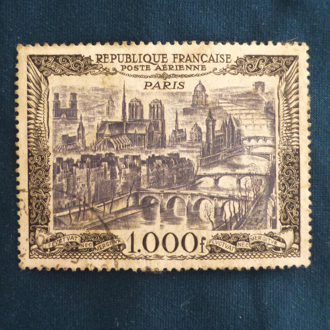 French Airmail Stamp / 1950, 1000 Francs, Aerial View of Paris (Used): These are 1950 French stamps from the collection of the consignor's parents. Product Details Issuing Country: France (REPUBLIQUE FRANCAISE) Year of Issue: 1950 Denomination: 1,000 Francs (1.000f)
