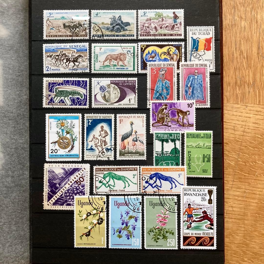 1960-70 African Stamps: Mali, Congo, Senegal, Dahomey, Uganda (56 stamps): 39 African Stamps from the 1960s and 1970s 17 Triangular Timber Tax Stamps from the 1960s The lot will include both new and used items. No apparent damage. Please understand that these are vintage
