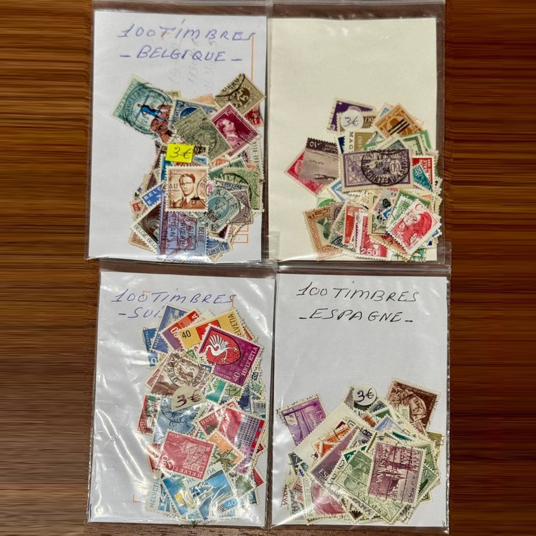 Second-hand overseas stamps, each pack contains 100 pieces, a total of 4 sets.: Old Stamps Purchased by Consignor in France: One set of 100 stamps each from Belgium, Spain, and Switzerland, along with one set of mixed stamps. Ideal for scrapbook enthusiasts, collage artists, and 
