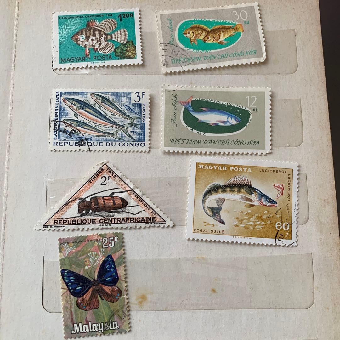 Foreign Stamps: A set of 7, featuring designs of fish, insects, and butterflies.: This is a set of seven stamps featuring designs of fish and insects, issued by Hungary, Congo, Vietnam, the Central African Republic, and Malaysia. Theme: Fish, Insects (Butterflies) Issuing Countries