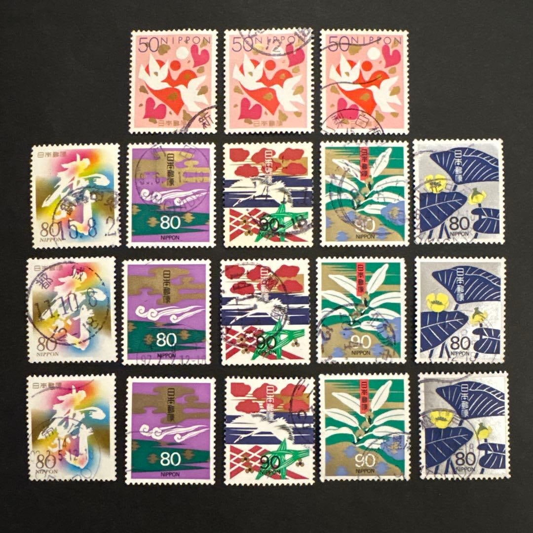 Used Stamps - 18 stamps, 6 designs: Used Stamps: 18 stamps, 6 designs, including celebratory and mourning stamps themed with motifs such as cranes, arrowhead plant, pomelo leaves, mist patterns, and diamond-shaped pine bark.