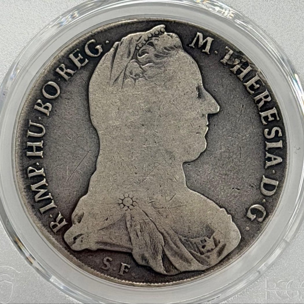 Extremely Rare / 1853 Austrian Maria Theresa Thaler Large Silver Coin, PCGS Certified: The Maria Theresa Thaler silver coins issued from 1853 onwards are official reproductions, minted based on the original 1780 version. These historically significant trade coins are of high quality (si