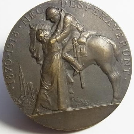 France, Liberation of Strasbourg 1918, HENRY DROPSY: French Antique Bronze Medal [Rare] Liberation of Strasbourg 1918 Sculptor: Henri Dropsy Sculptor: Henri Dropsy (1885-1969) Born in Paris, representing France Sculptor and medal engraver. He graduated