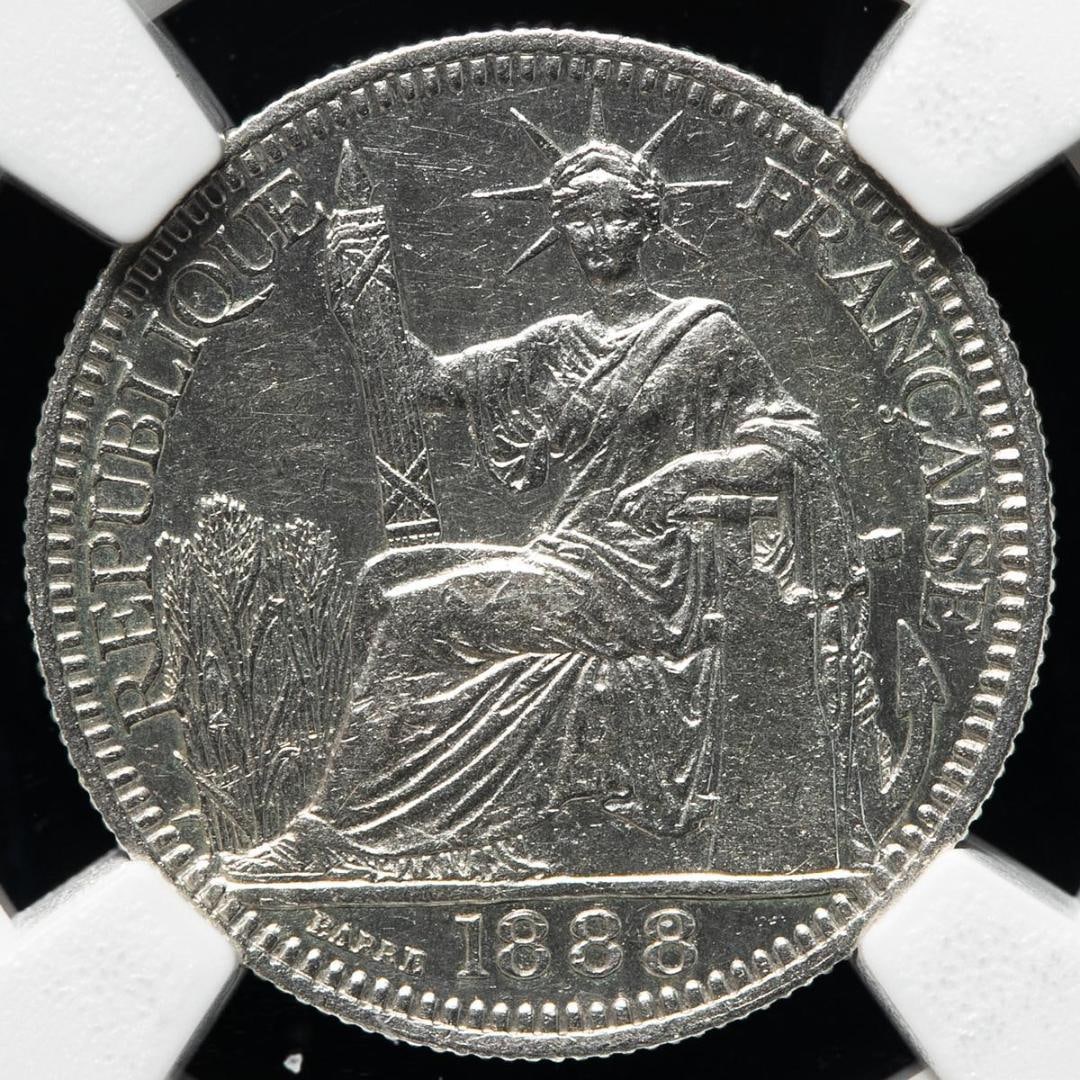 1888 French Indochina 10 Cents Silver Coin (NGC-AU Grade, Cleaned), Special Year: This coin was issued during the "French Indochina" period, when France ruled over Vietnam, Laos, and Cambodia. It is a silver coin used for trade and daily transactions, and it serves as a valuable
