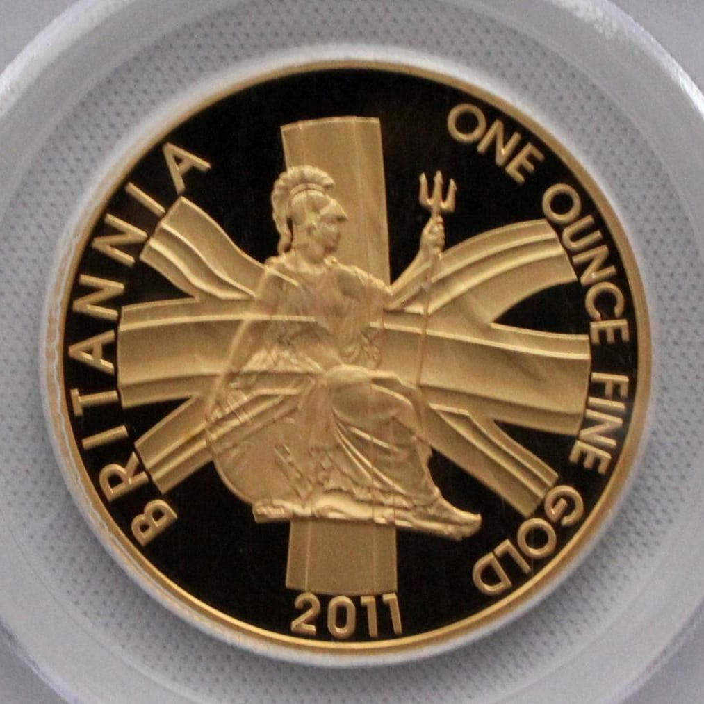 2011 Great Britain Britannia Gold Coin, PCGS Graded PR70DCAM: 2011 British Flag Pattern Britannia Gold Coin. This coin is graded by PCGS as PR70DCAM First Strike. The design features Britannia (the personification of Britain) seated in front of the British flag,