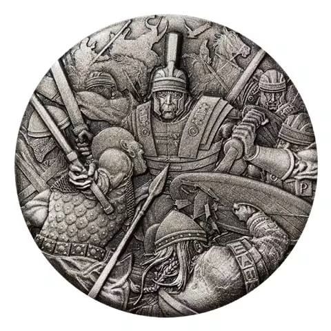Accompanied by Certificate of Authenticity / 2018 (Brand New) Tuvalu "War and the Roman Legion" 2 oz: Product Name: 2018 Tuvalu "War and Roman Legion" High Relief Antiqued Silver Coin, 2 oz Purity: 99.99% Pure Silver Weight: 2 oz (62.2 grams) Condition: Brand New (High Relief, Antiqued) Mintage: 2,000