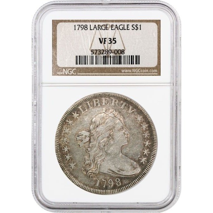 1798 One Dollar Coin, featuring a Large Eagle design, Silver Dollar, NGC graded VF35: 1798 One Dollar Coin, featuring a Large Eagle design, Silver Dollar, NGC graded VF35