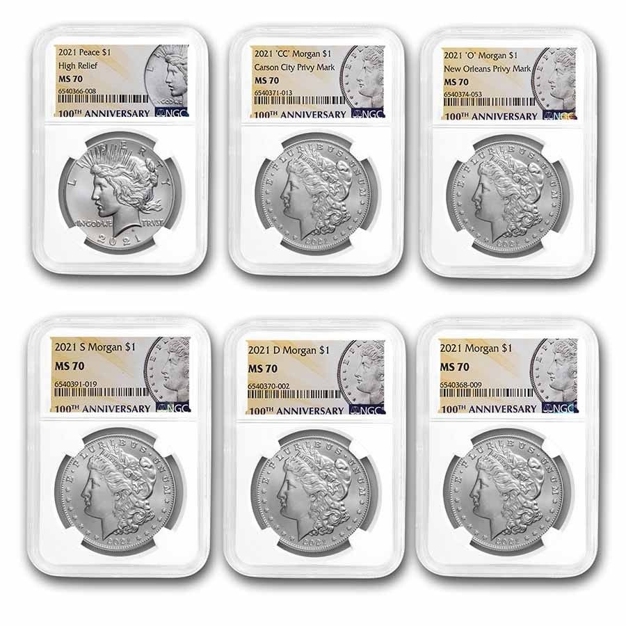 2021 Morgan/Peace Silver Dollar 6-Card Set, NGC Graded MS-70 (1 of 2)