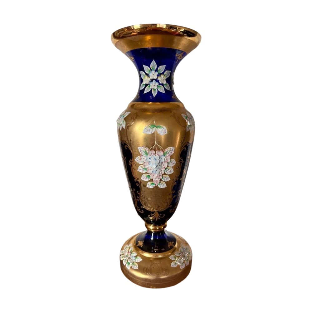Large Bohemian-style blue and gold glass vase, ideal for floral arrangements. (1 of 12)