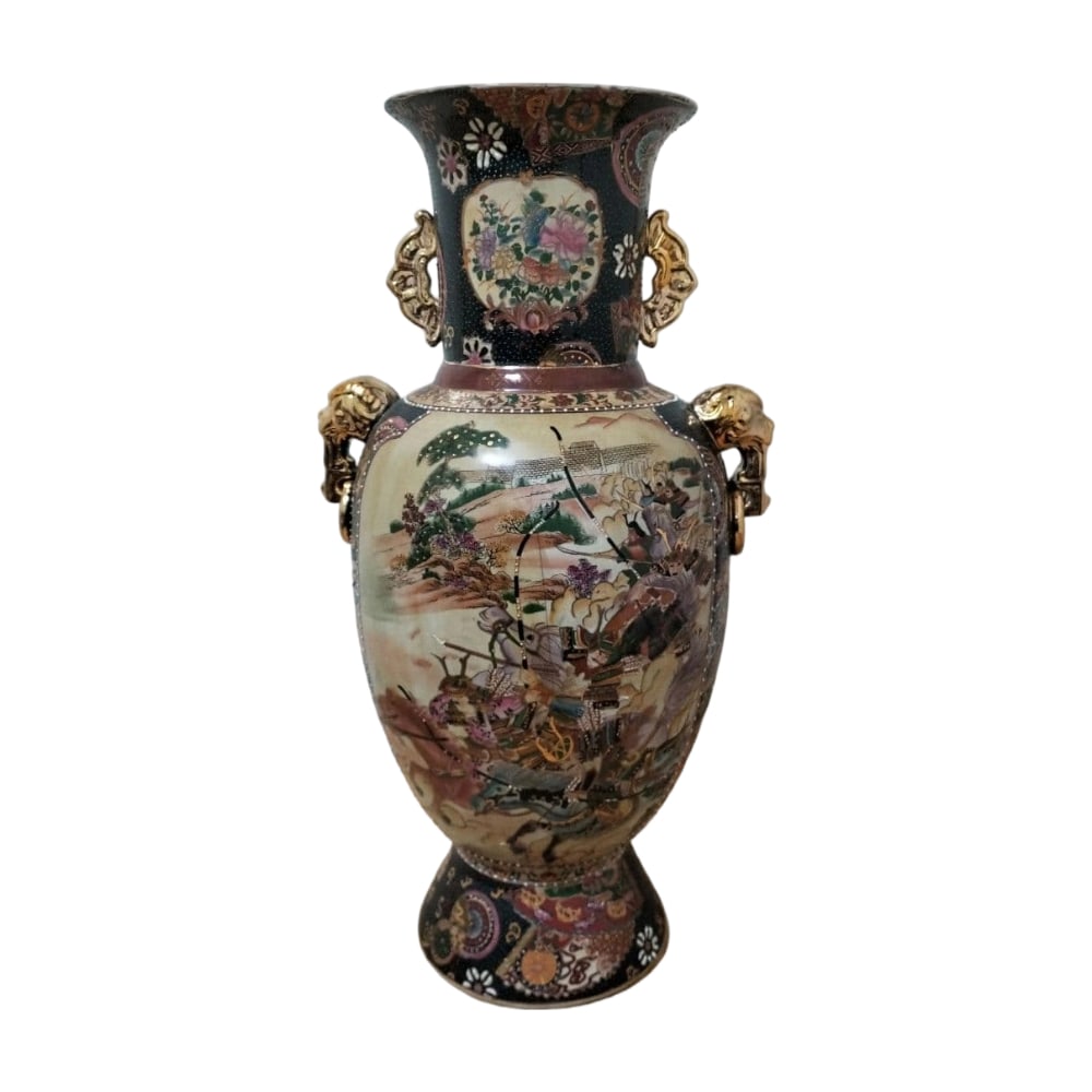 Porcelain Vase: A ceramic vase depicting traditional Japanese landscape patterns, featuring gold handles. Design: Gold handles and colorful decorative patterns Decoration: Featuring traditional Japanese landscapes an
