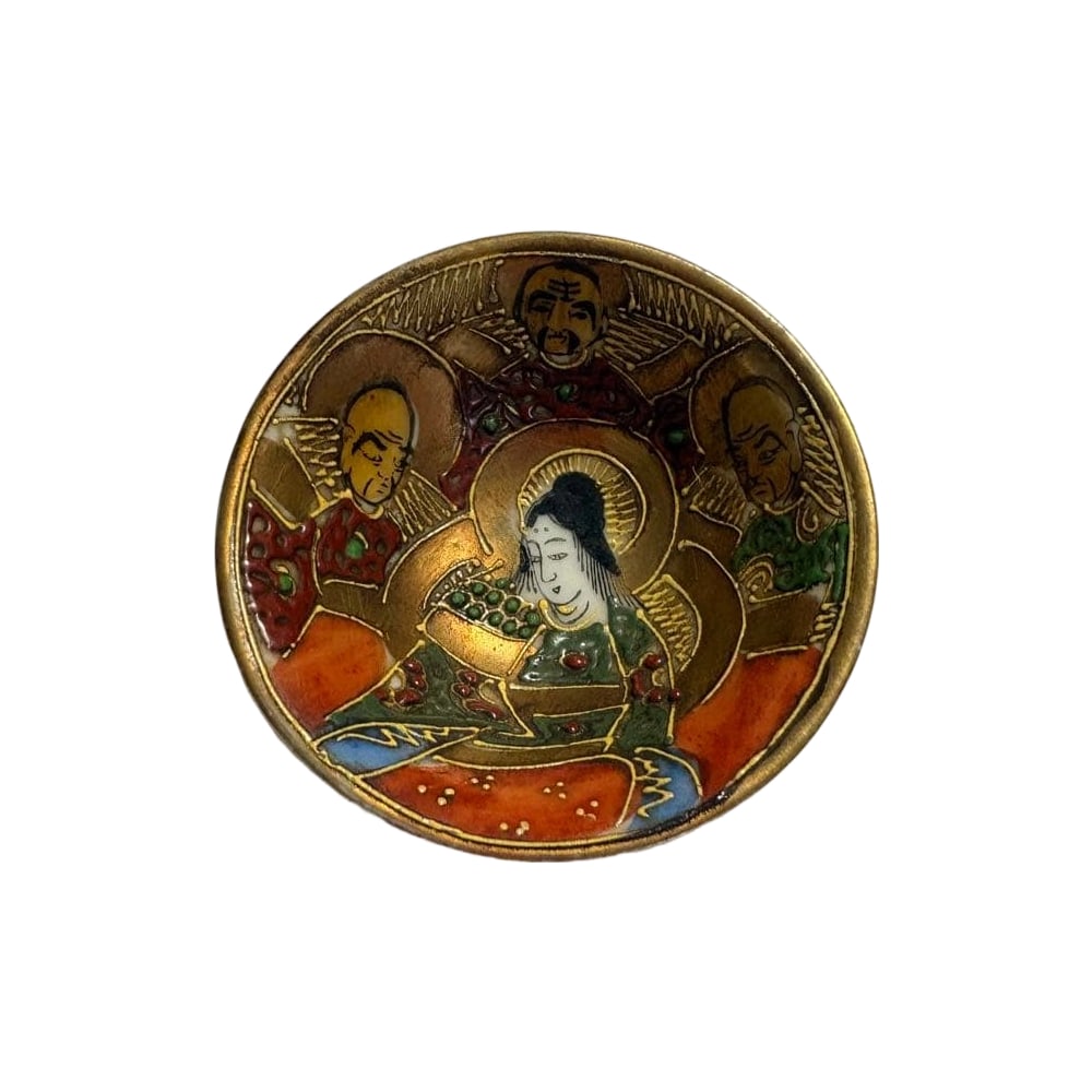 Satsuma-yaki sake cup with Buddhist motifs, gilded, polychrome decoration, antique ceramics, (1 of 5)