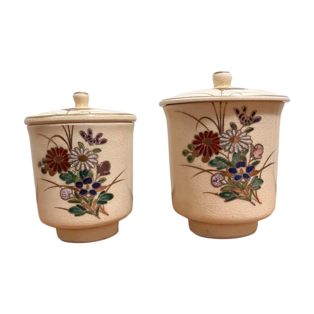 Satsuma-yaki lidded teacups, set of 2, with original box, 1973 (Showa 48). (1 of 11)