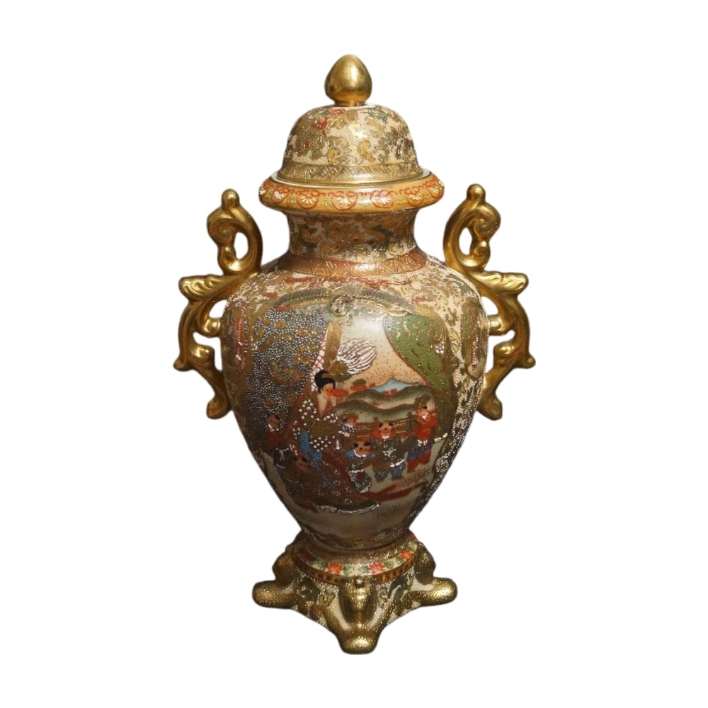 Luxurious Satsuma ware porcelain, in the Kinrande style, with signature.: Satsuma-yaki Vase/Incense Burner with Luxurious Gold Brocade Pattern and Openwork, Decorated with "Beauty and Children at Play" Motif, Arabesque Pattern, Double Handles, Signed, Height 35.5 cm This la