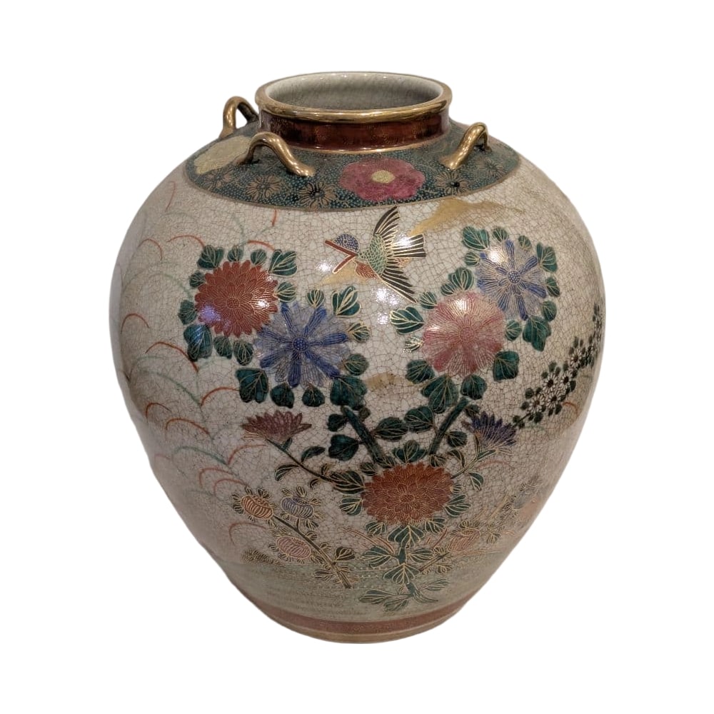 Satsuma ware, gilt brocade pattern, large flower and bird motif vase (1 of 11)