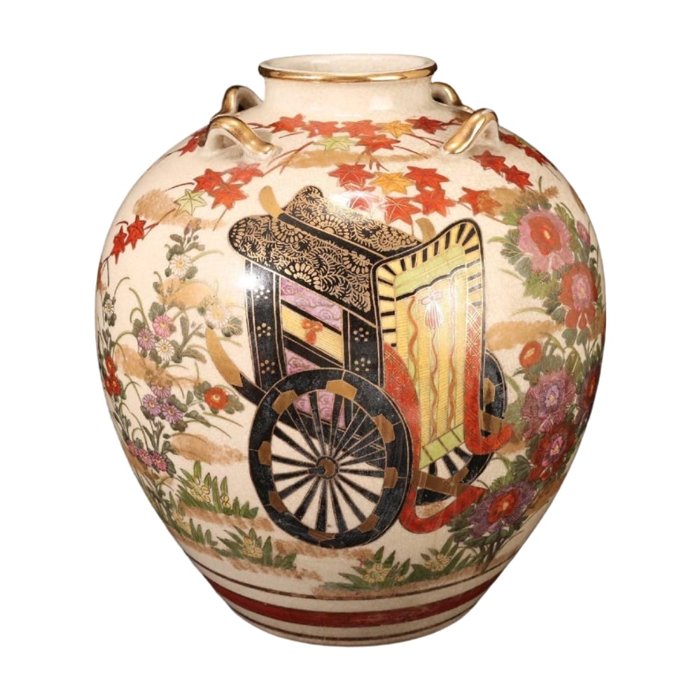 Satsuma ware vase, with handles, polychrome enamel and gilt, Arabesque floral pattern, decorative (1 of 11)