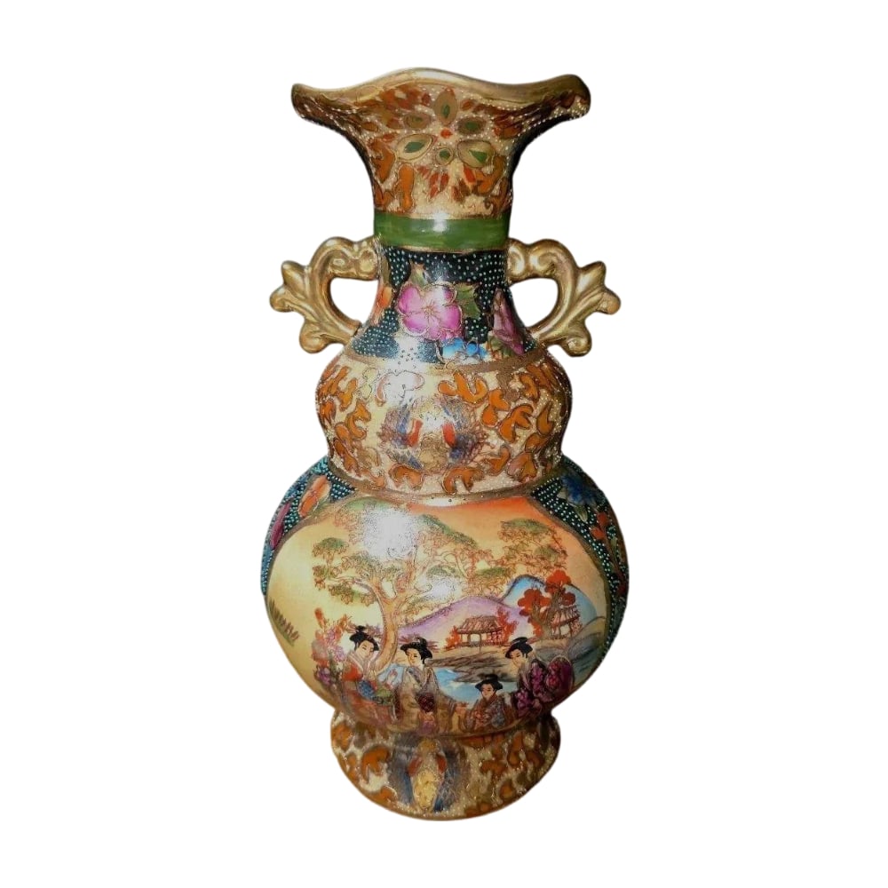 Satsuma-yaki Antique Double-Handled Vase with Gold Brocade Pattern and Blue Dots, Samurai/Figure (1 of 16)