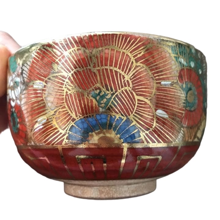 Satsuma ware, Kin Gyokukan, Kinran-de tea bowl, chrysanthemum and peony pattern. (1 of 11)
