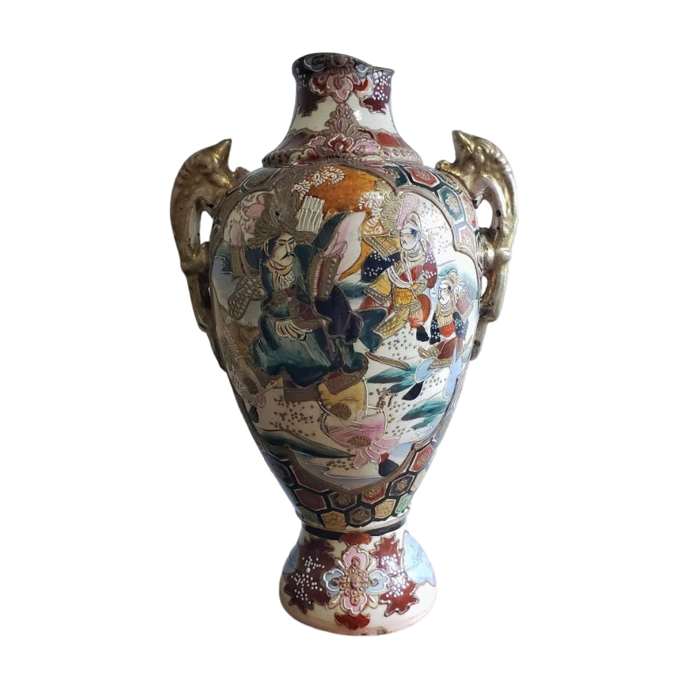 Satsuma ware vase, double handles, gold brocade pattern, painted enamel, vase, depicting images of (1 of 11)