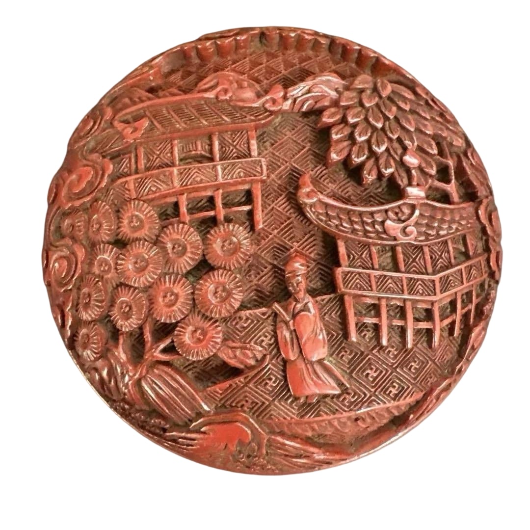 Antique lacquer incense box, carved with landscape pavilion motifs.: This is an exquisite carved cinnabar lacquer incense box, featuring designs of pavilions, landscapes, figures, and floral motifs. Against a background adorned with intricate swastika patterns, there