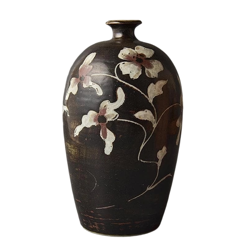 Kato Kohei, Joseon Dynasty Black Glaze Vase, Celadon with Iron Inlay Floral Design, Meiping Vase (1 of 7)