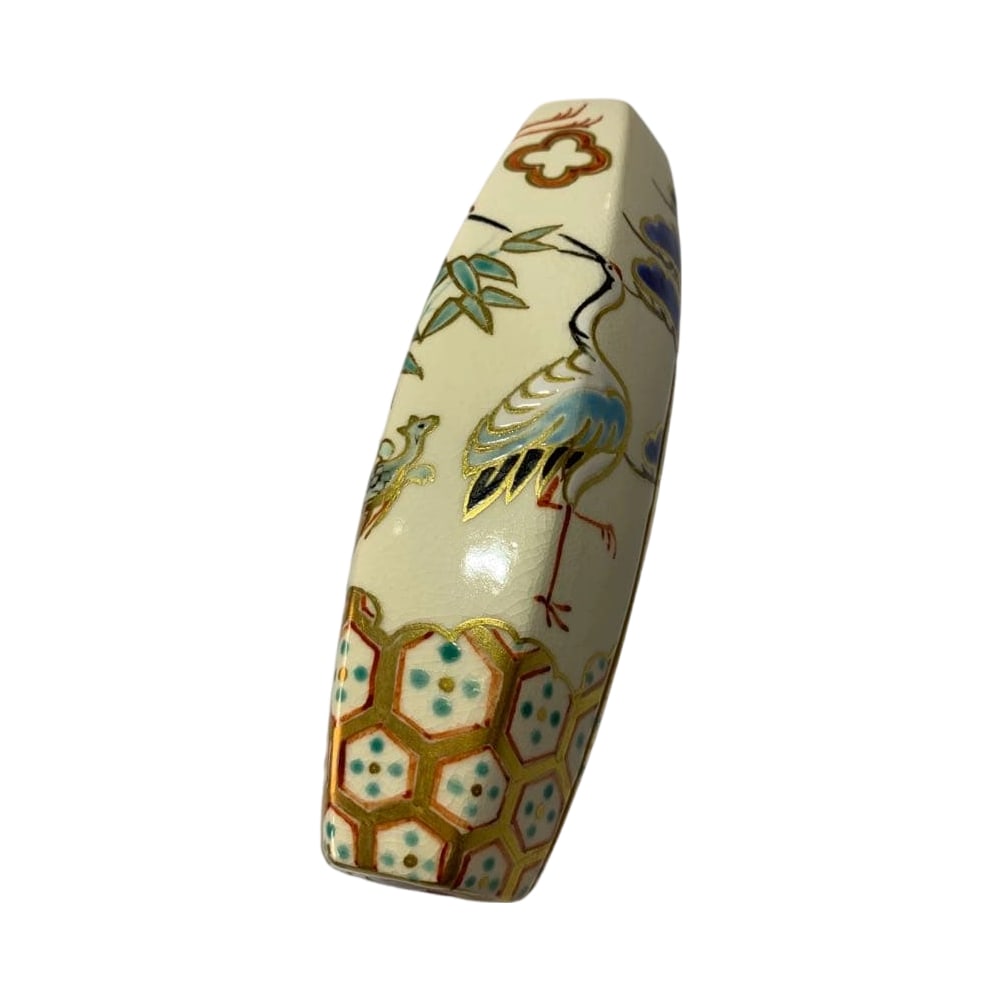 Incense Box "Buriburi", Crane and Turtle Design, by Tsukisaka Kozan, decorated with Pine, Bamboo, (1 of 12)